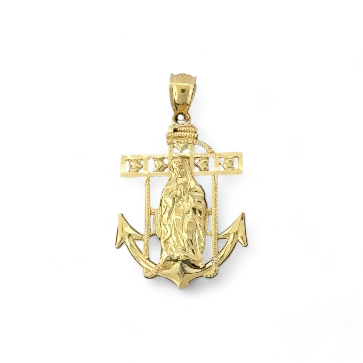 14KT Yellow Gold Virgin Mary with Anchor and Cross Pendant