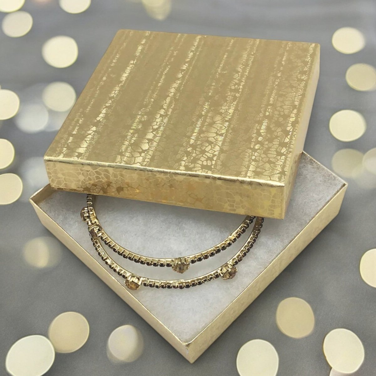 3 1/2" x 3 1/2" x 1" Gold Cotton Filled Paper Box