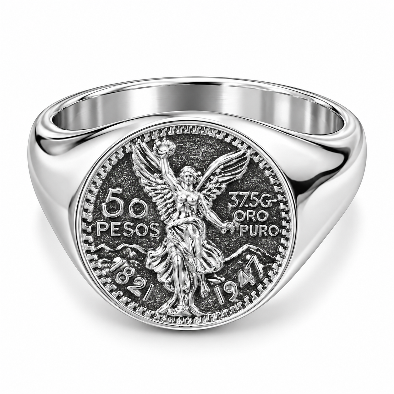 925 Sterling Silver Mexican 50 Pesos Centenario Men's Ring with Winged Victory Coin Design, Available Sizes 9–13