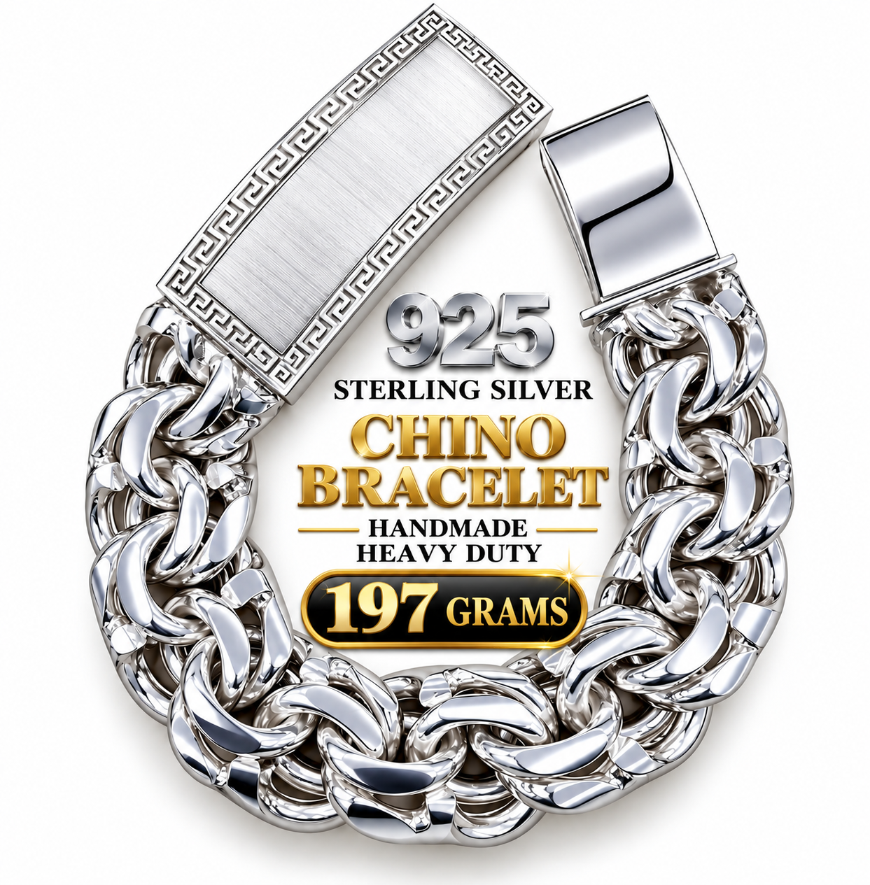 Handmade 925 Sterling Silver Chino ID Bracelet with Greek Key Design, 25mm wide, 8.5 inches long, approximately 197 grams, heavy-duty high-polish finish.