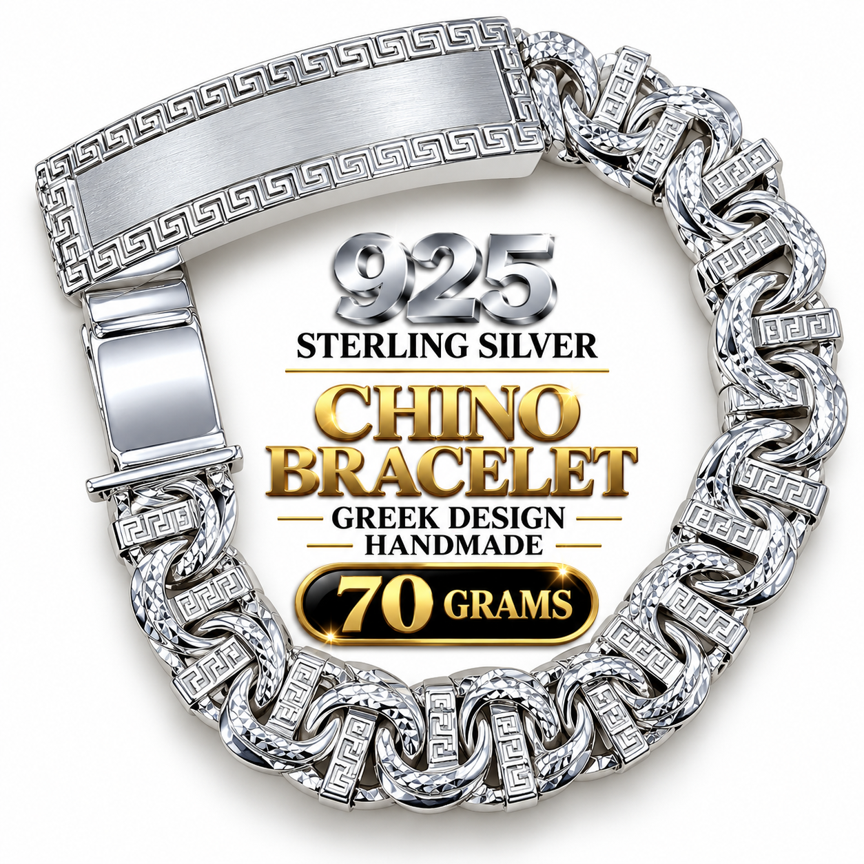 Handmade 925 Sterling Silver Chino ID Bracelet featuring an intricate Greek Key design on both the ID plate and Chino links. Heavy-duty construction, 14mm wide, 8.75 inches long, approximately 48 grams, with a brilliant high-polish finish.