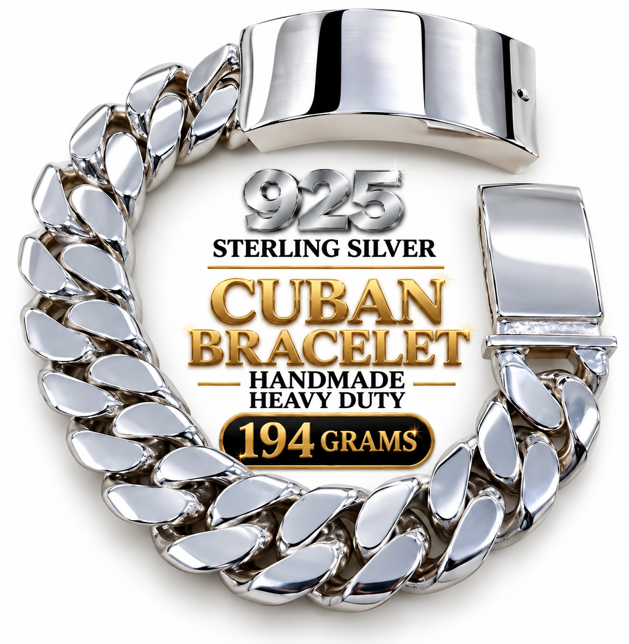 Heavy-duty handmade 925 Sterling Silver Cuban ID Bracelet, 25mm wide, 8.5 inches long, approximately 193 grams, with brilliant high-polish finish.