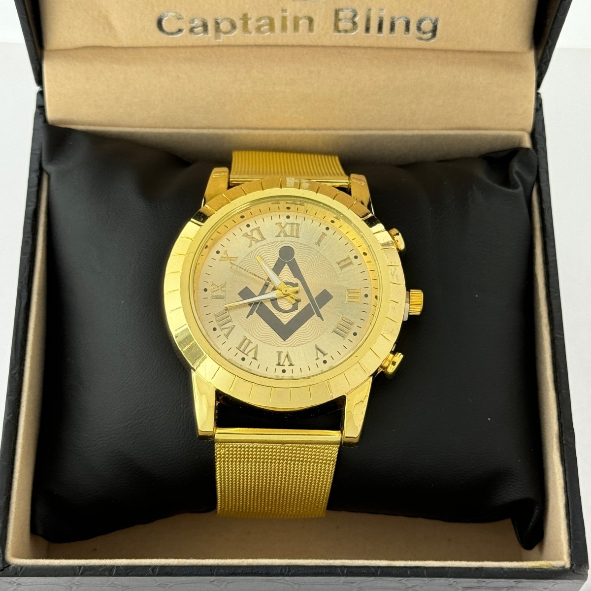 Captain Bling Masonic Gold Stainless Steel Strap Watch: Roman Numerals