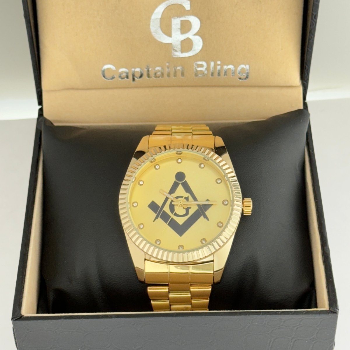 Captain Bling Masonic Gold Stainless Steel Watch: Black Tone