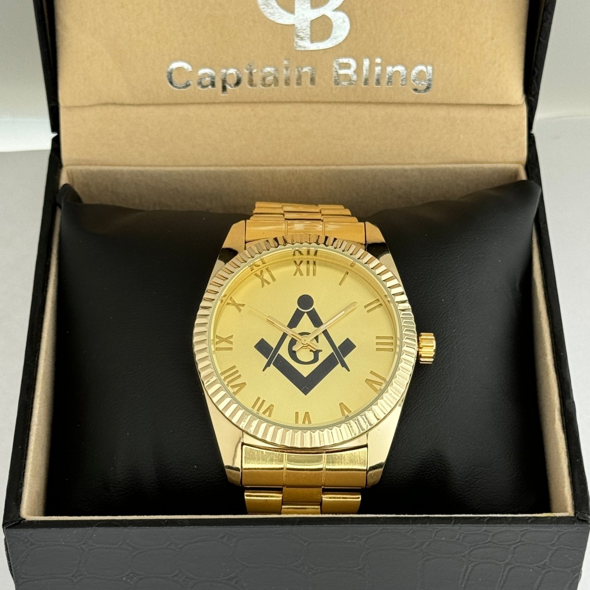 Captain Bling Masonic Gold Stainless Steel Watch: Black Tone with Roman Numerals