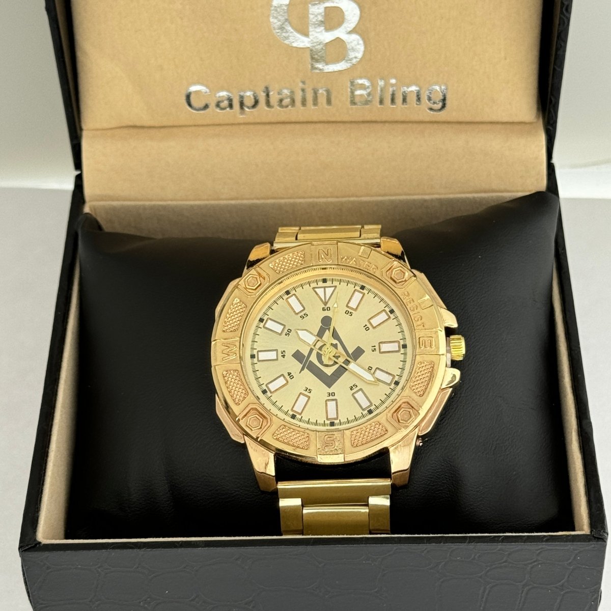 Captain Bling Masonic Gold Stainless Steel Watch: Compass
