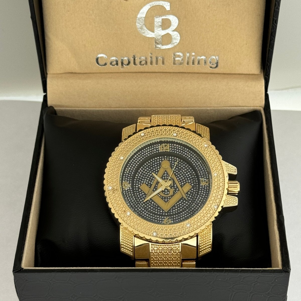 Captain Bling Masonic Gold Stainless Steel Watch: Pave Edition