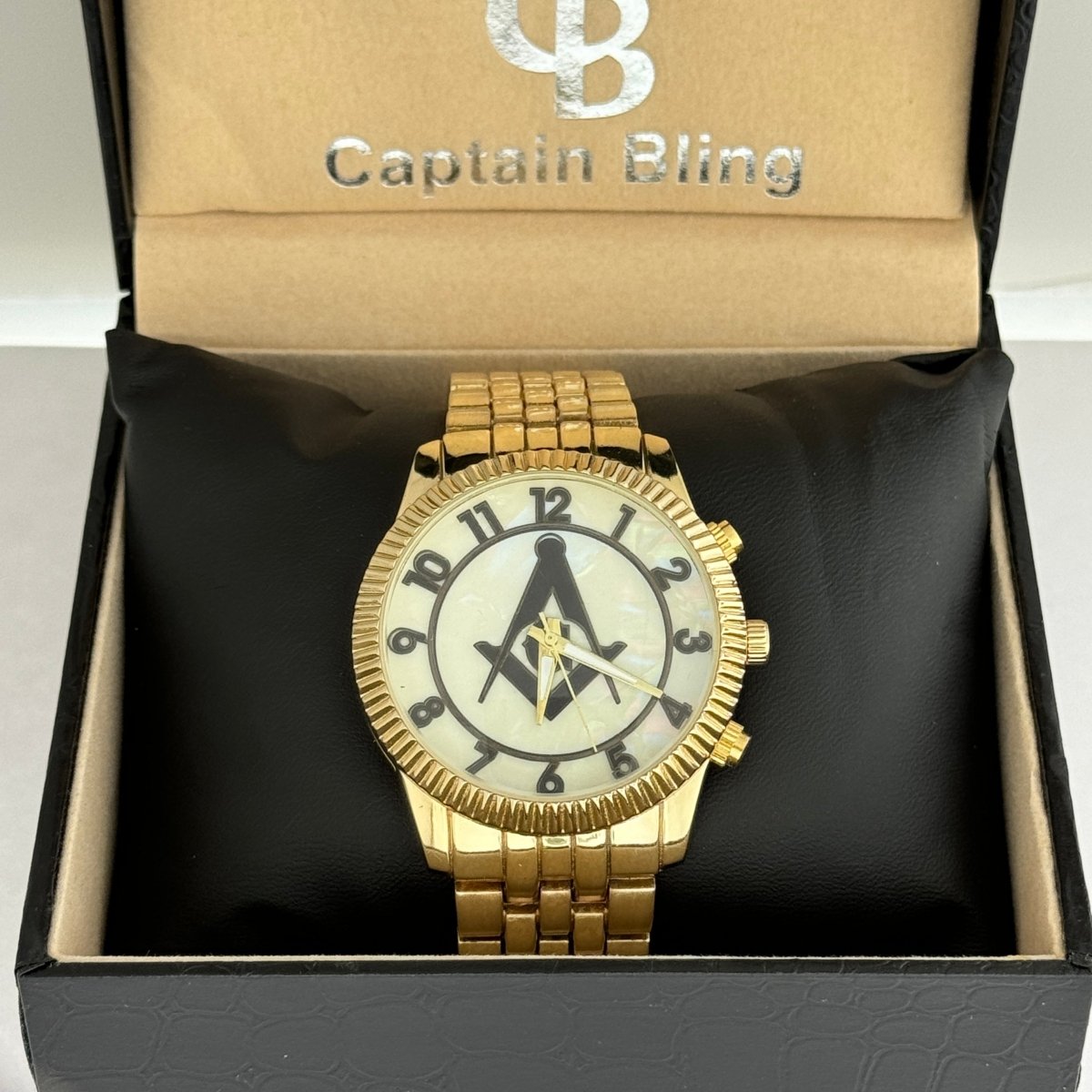 Captain Bling Masonic Gold Stainless Steel Watch: White Opal