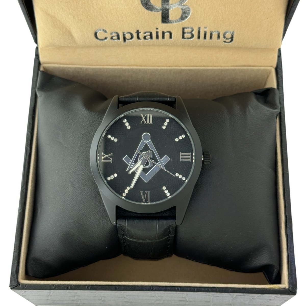 Captain Bling Masonic Leather Watch - Black Dial & Roman Numerals