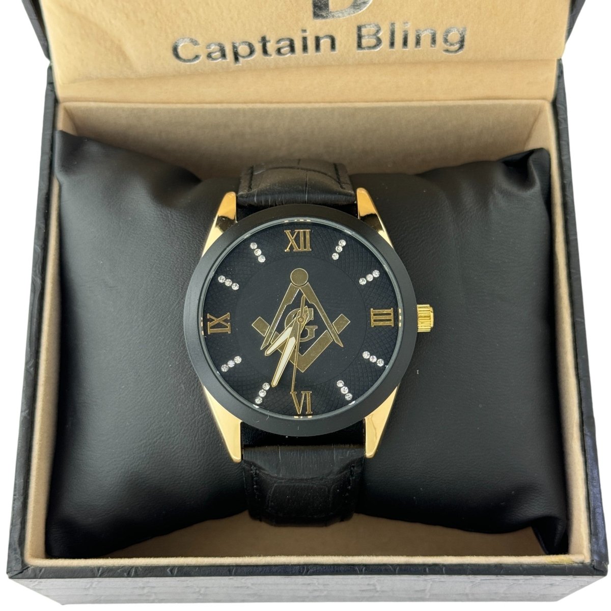 Captain Bling Masonic Leather Watch - Black & Gold Dial with Roman Numerals