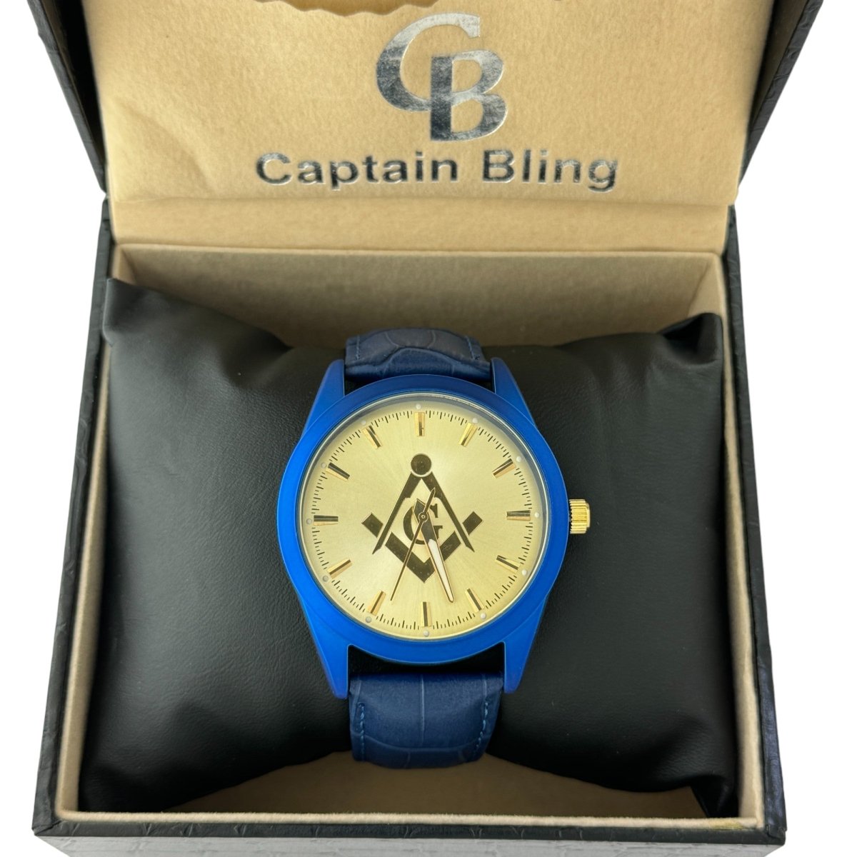 Captain Bling Masonic Leather Watch - Blue Dial & Gold Accents