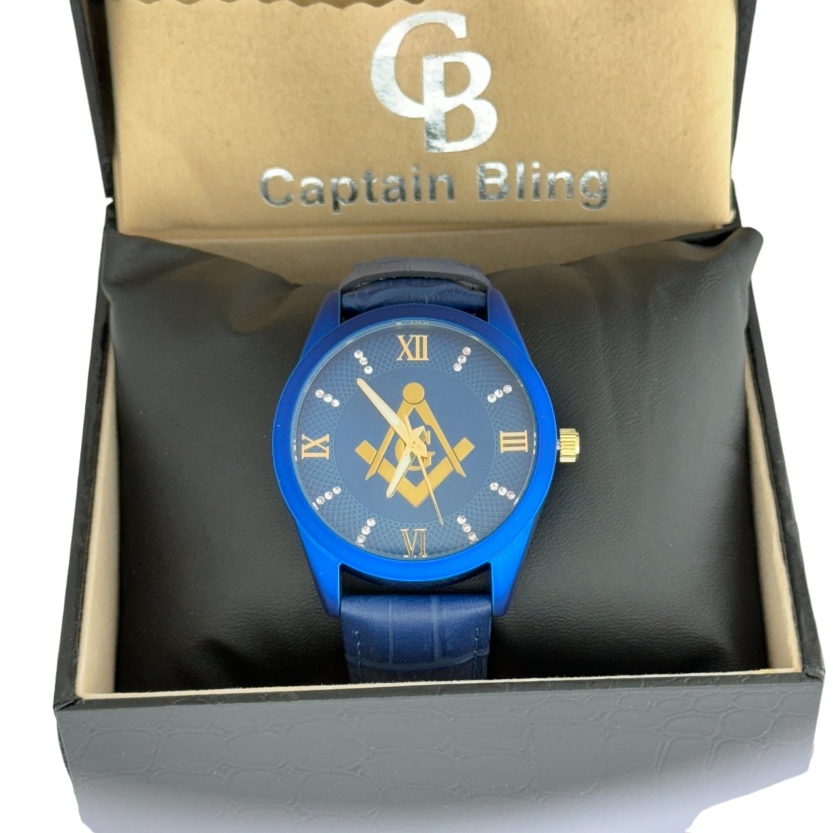 Captain Bling Masonic Leather Watch - Blue Dial with Roman Numerals