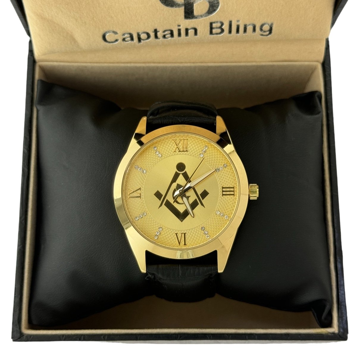 Captain Bling Masonic Leather Watch - Gold Dial & Roman Numerals