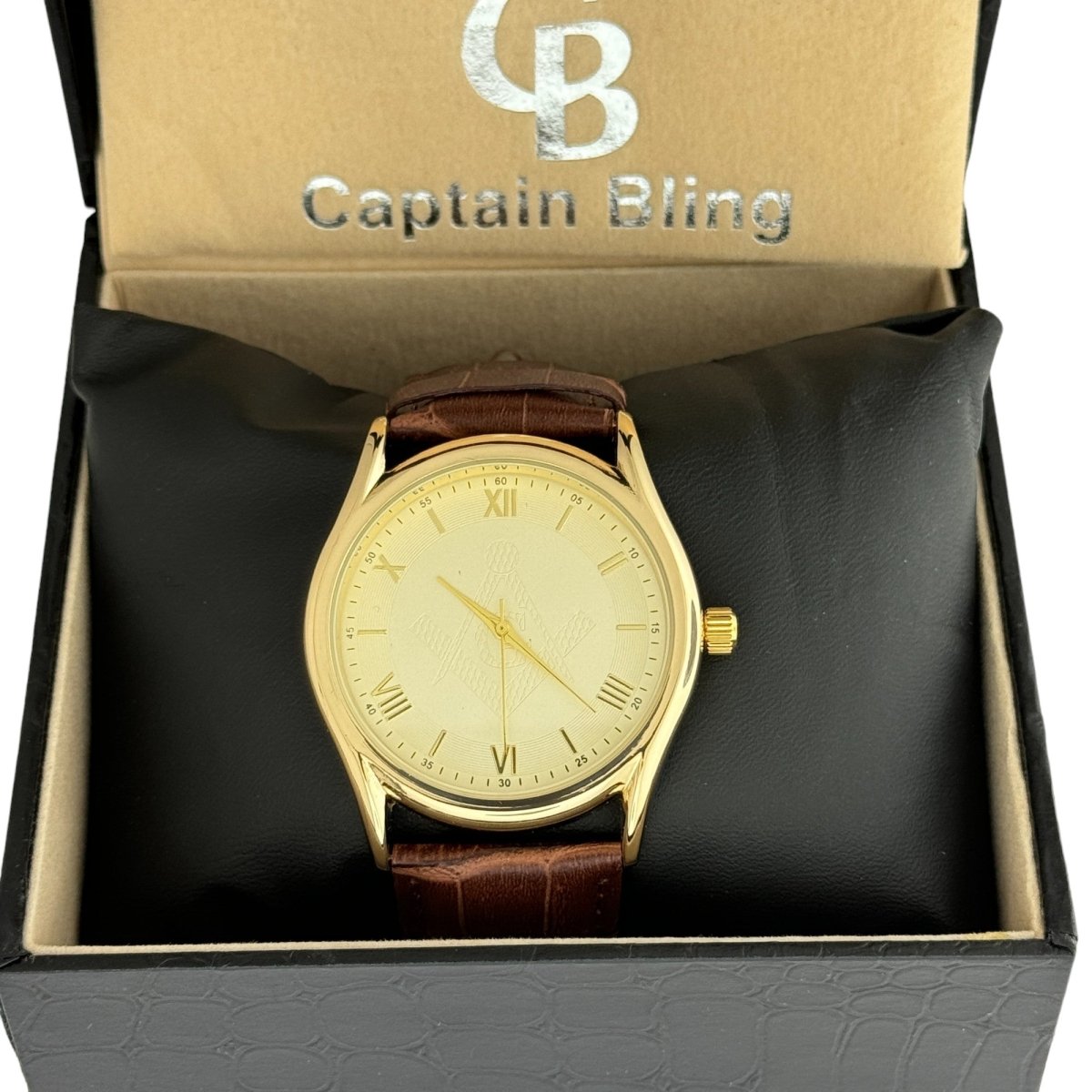 Captain Bling Masonic Leather Watch - Gold Dial with Roman Numerals