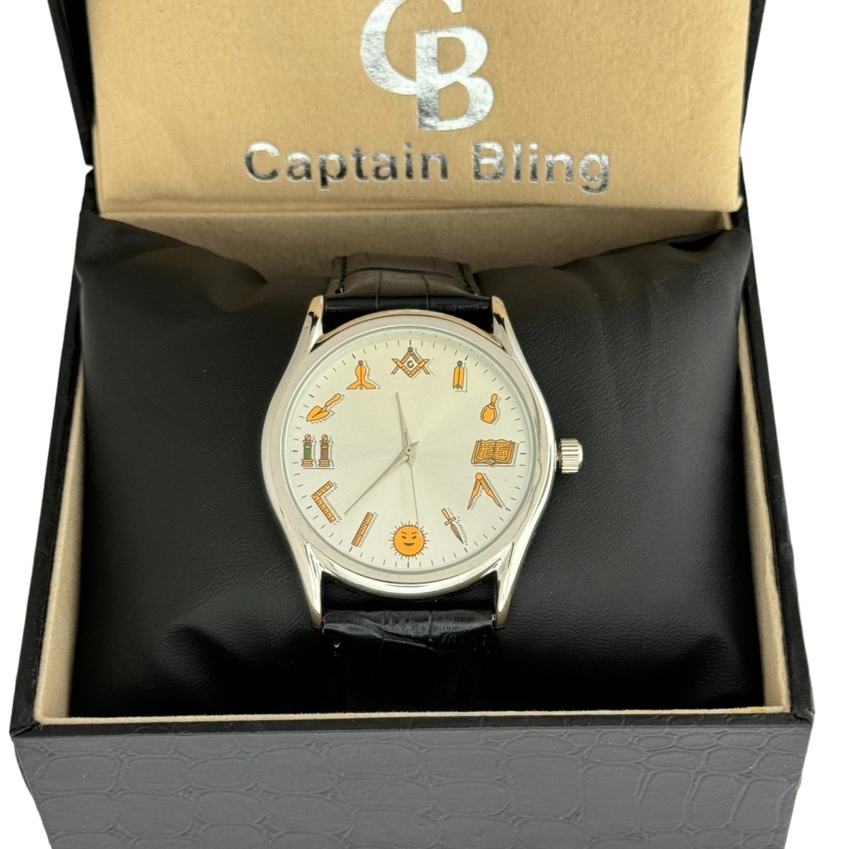 Captain Bling Masonic Leather Watch - White Dial with Masonic Symbols