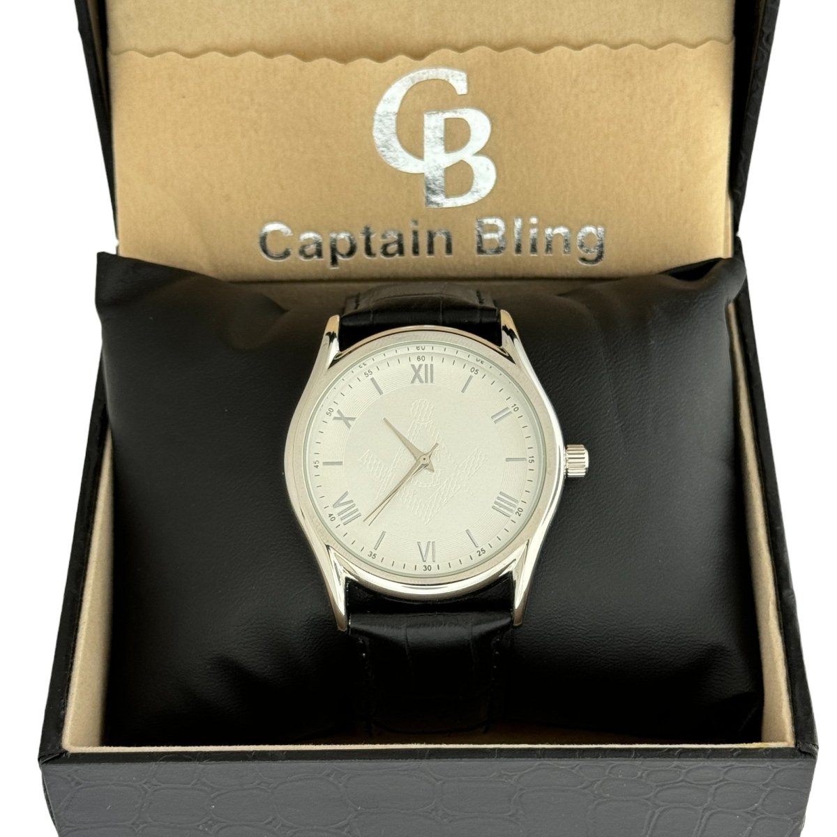 Captain Bling Masonic Leather Watch - White Dial with Roman Numerals