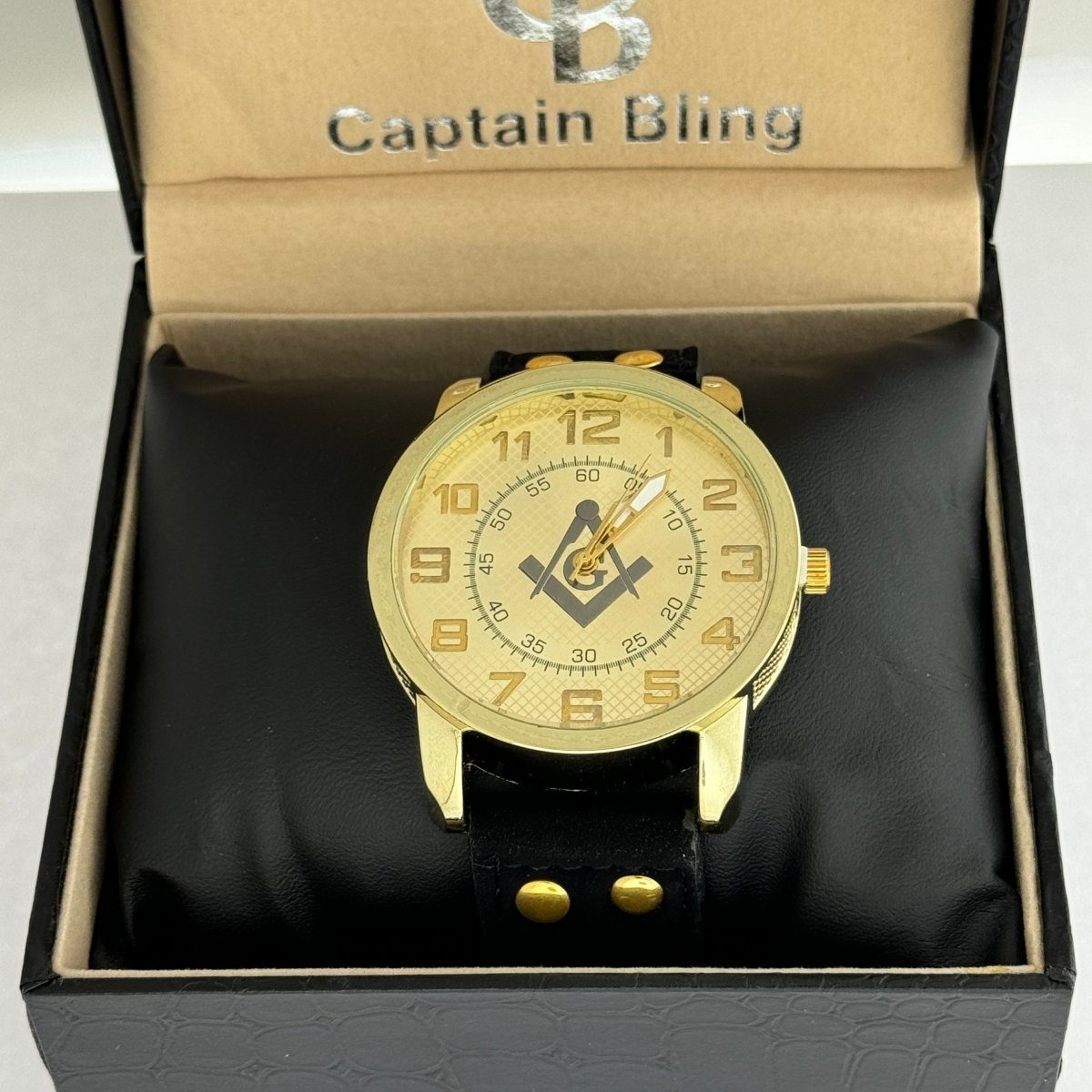 Captain Bling Masonic Nubuck Leather Men's Watch: Gold Tone