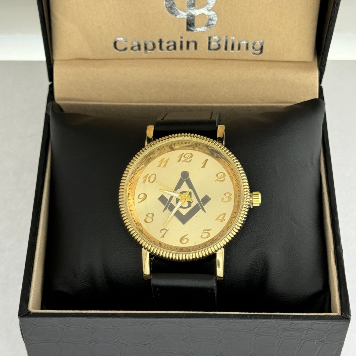 Captain Bling Masonic PU Leather Men's Watch: Gold Tone