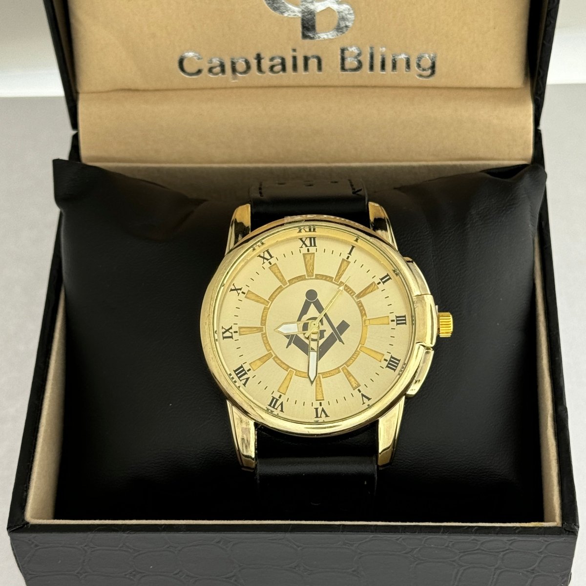 Captain Bling Masonic PU Leather Men's Watch: Gold with Roman Numerals