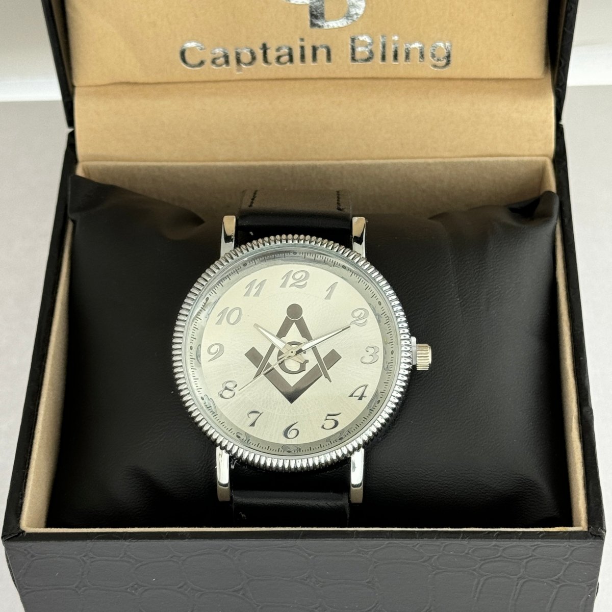 Captain Bling Masonic PU Leather Men's Watch: Silver Tone