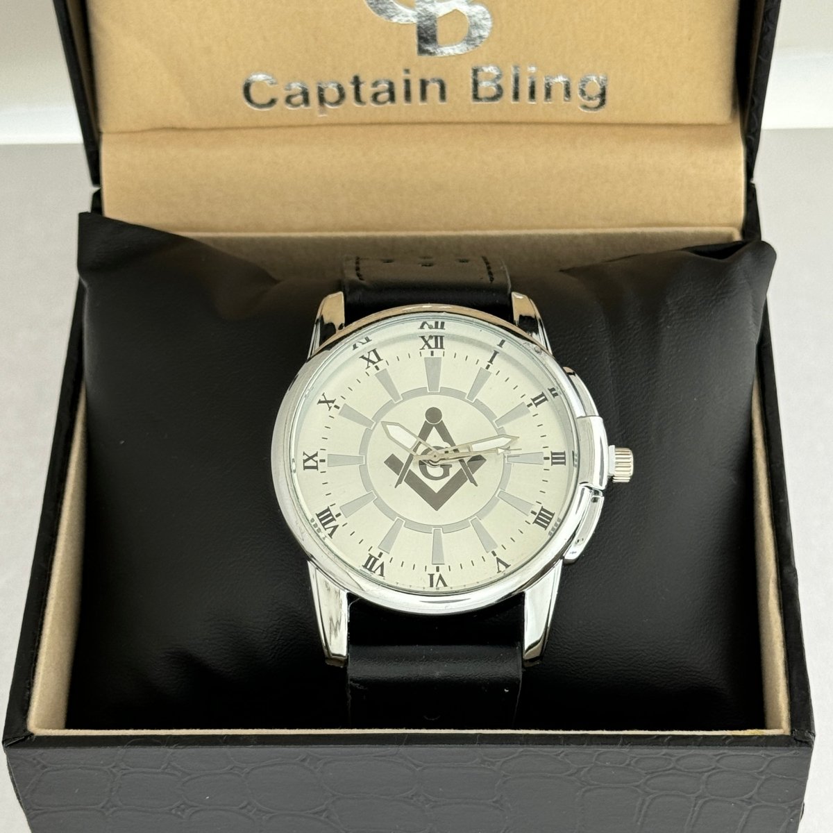 Captain Bling Masonic PU Leather Men's Watch: Silver with Roman Numerals