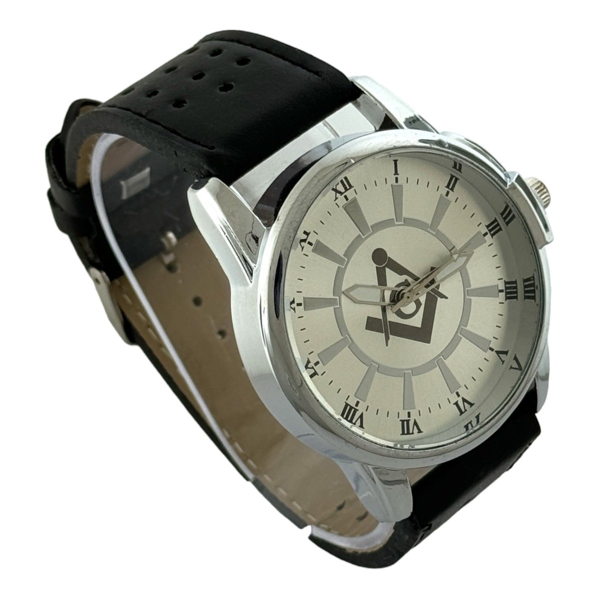 Captain Bling Masonic PU Leather Men's Watch: Silver with Roman Numerals