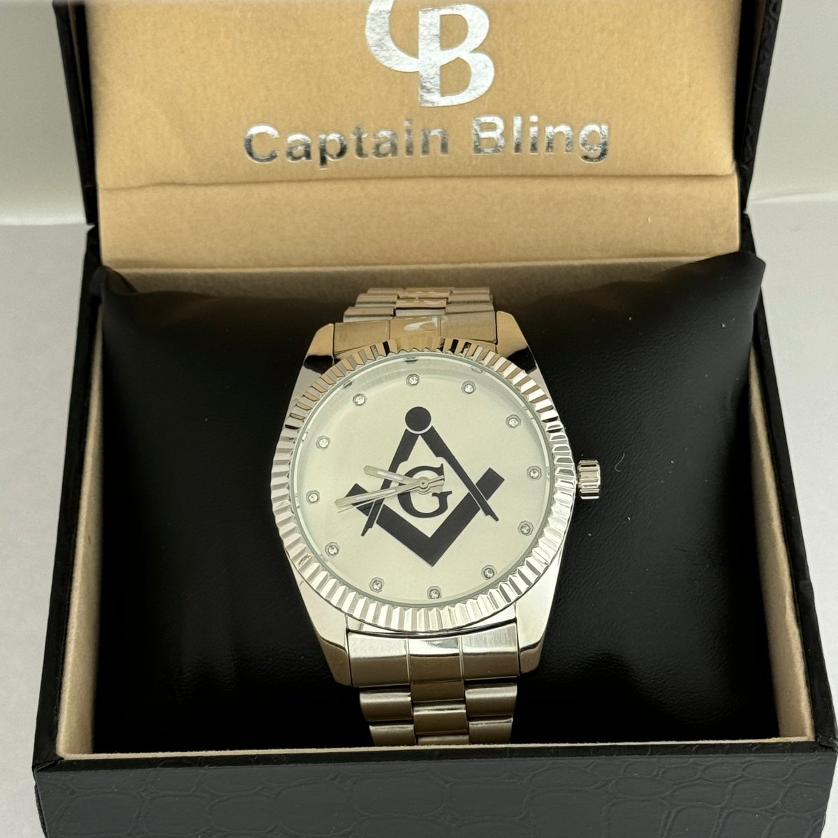 Captain Bling Masonic Silver Stainless Steel Watch: Black Tone