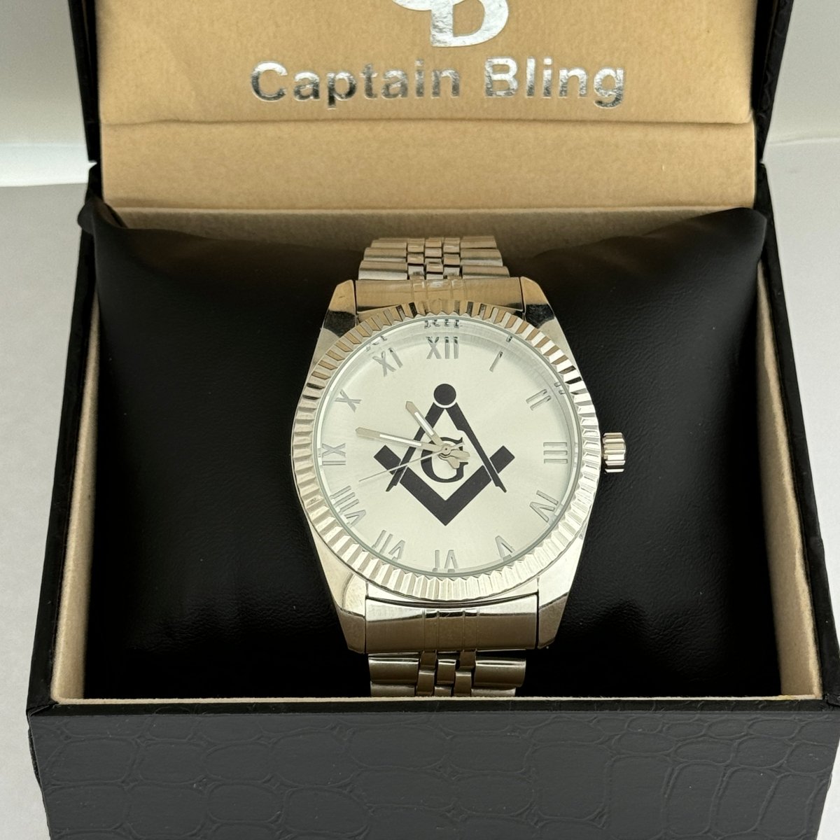 Captain Bling Masonic Silver Stainless Steel Watch: Black Tone with Roman Numerals