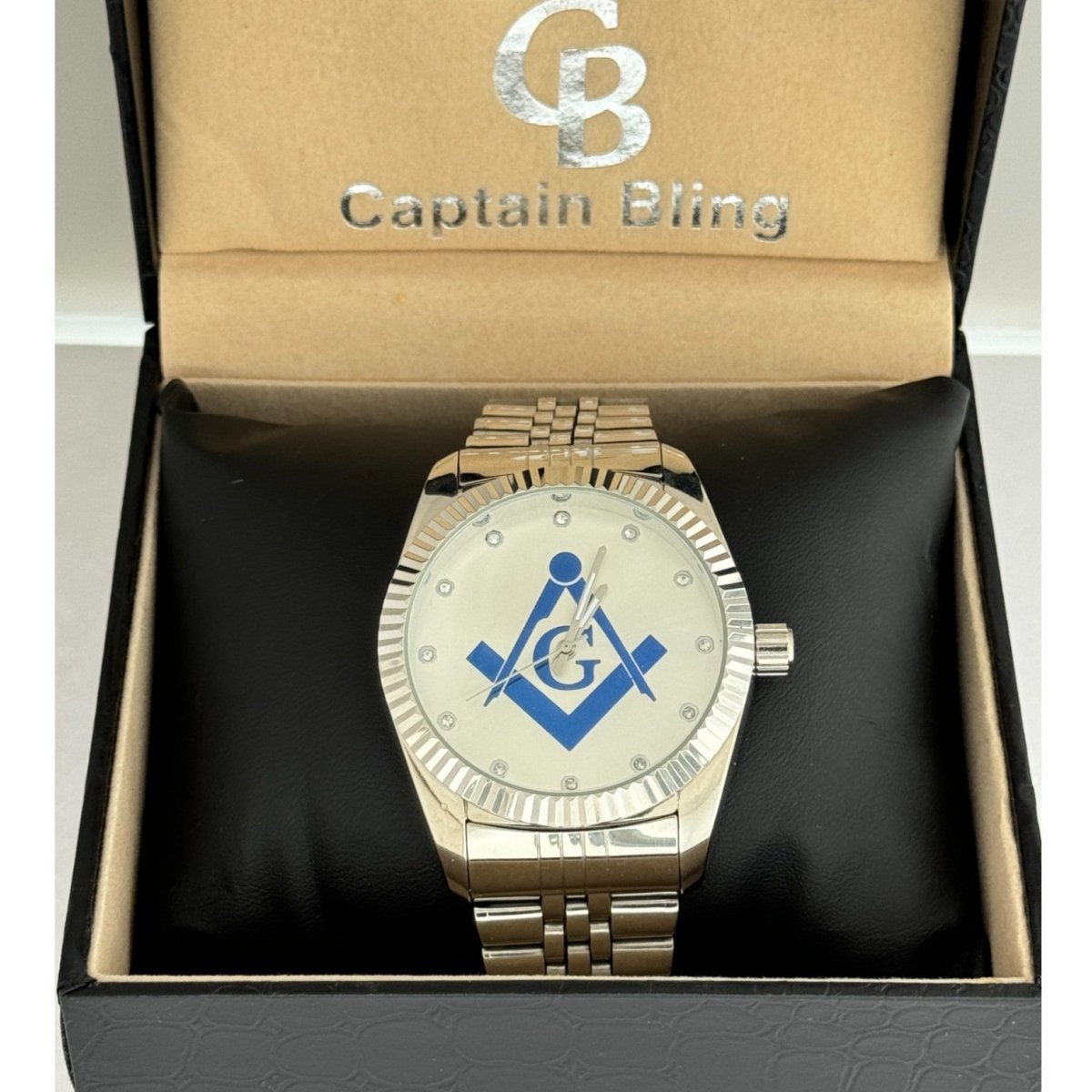 Captain Bling Masonic Silver Stainless Steel Watch: Blue Tone