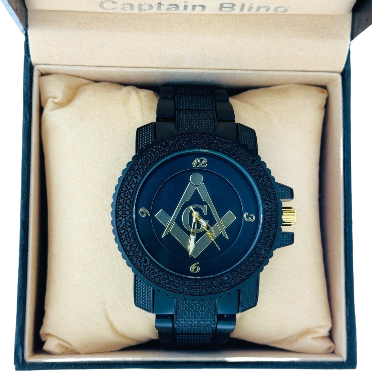 Captain Bling Masonic Watch: Black and Gold Tone Metal Band, Quartz Movement