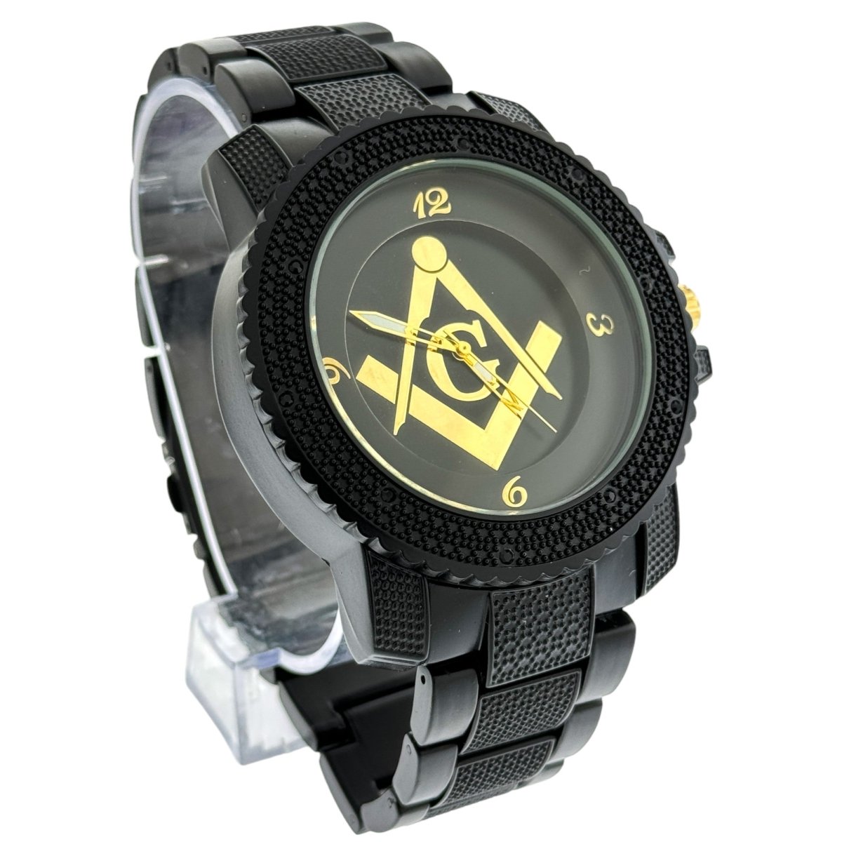 Captain Bling Masonic Watch: Black and Gold Tone Metal Band, Quartz Movement