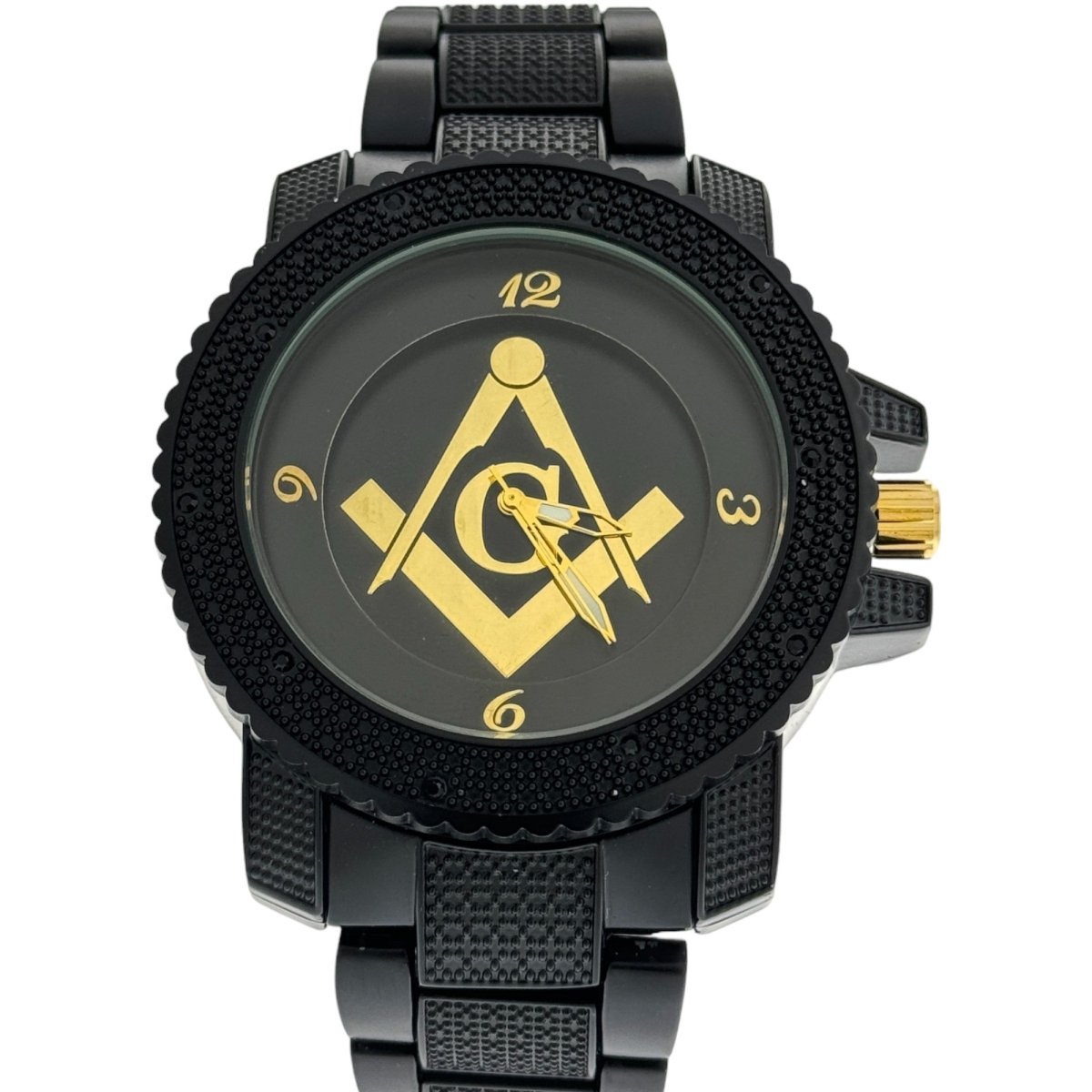 Captain Bling Masonic Watch: Black and Gold Tone Metal Band, Quartz Movement