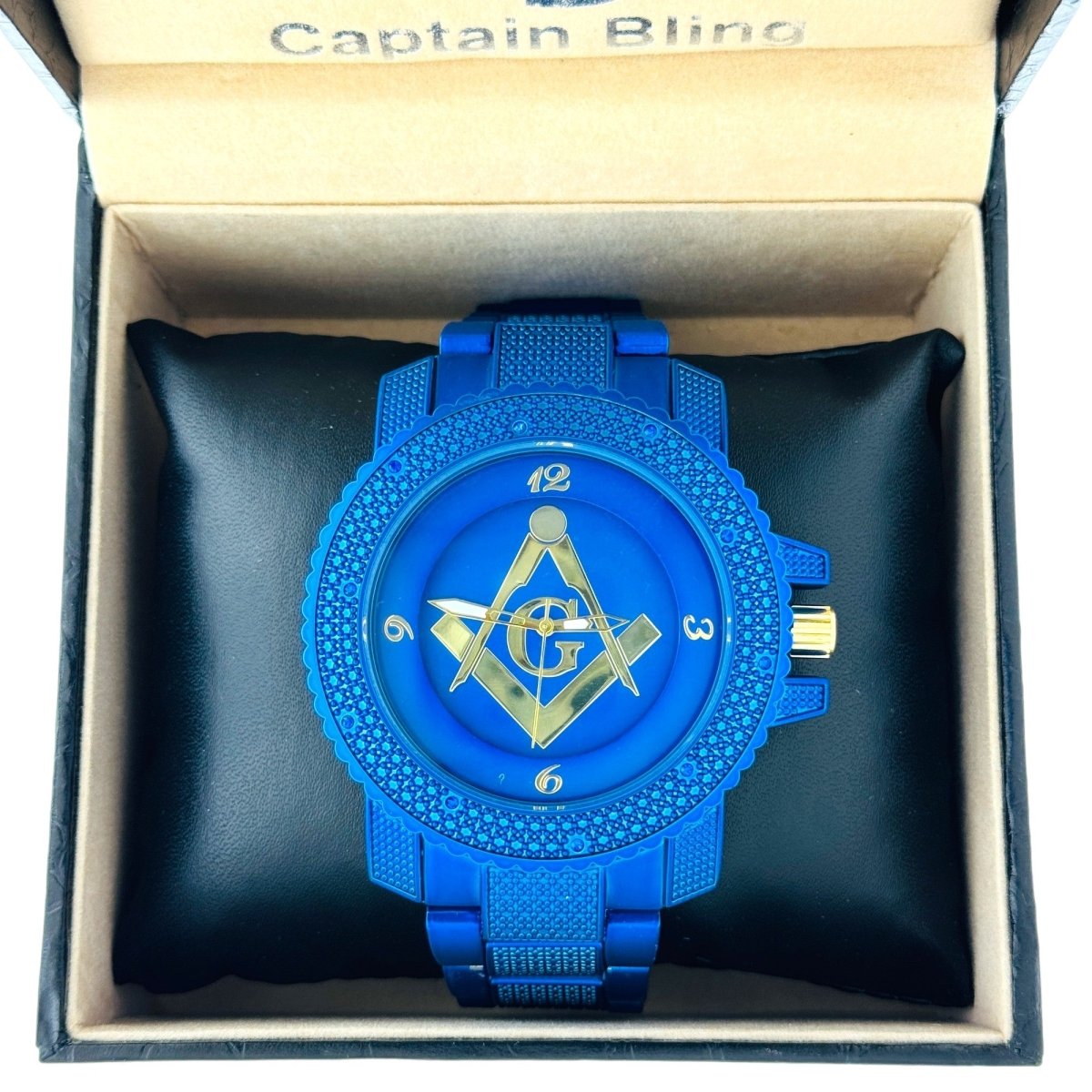 Captain Bling Masonic Watch: Blue and Gold Tone Metal Band, Quartz Movement