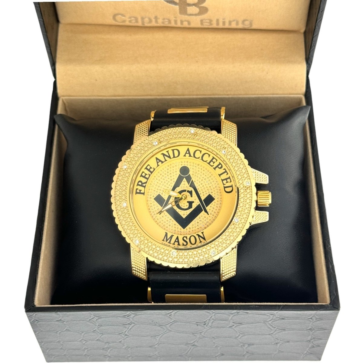Captain Bling Masonic Watch: Gold Case with Black Rubber Strap