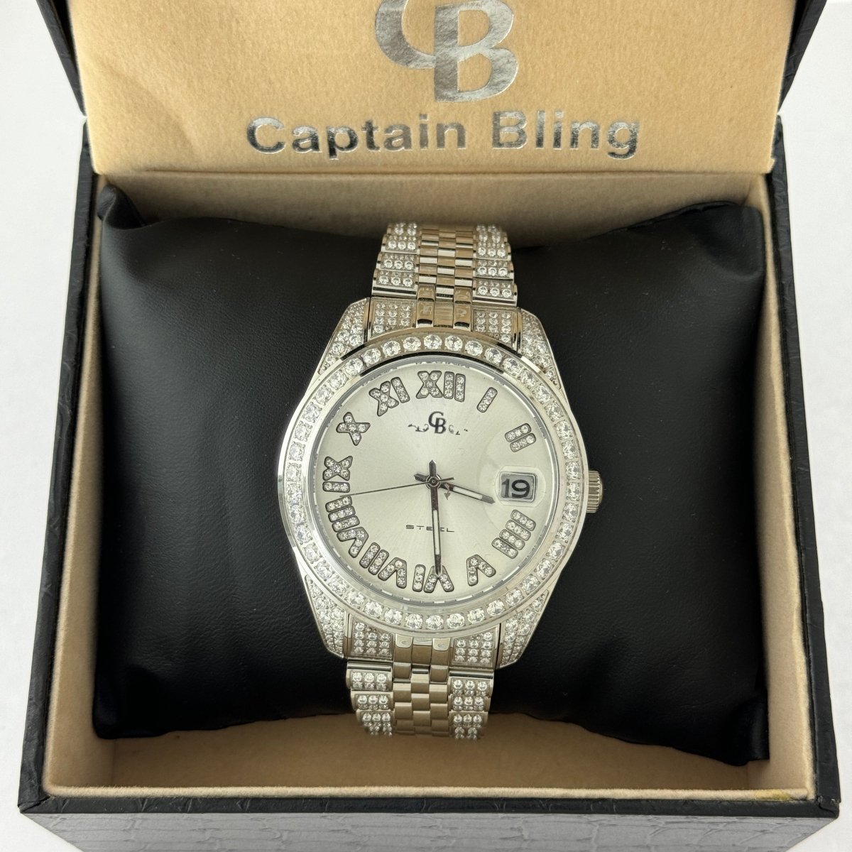 Captain Bling Men's Silver Stainless Steel | Busted Iced Out Watch | CNC Setting