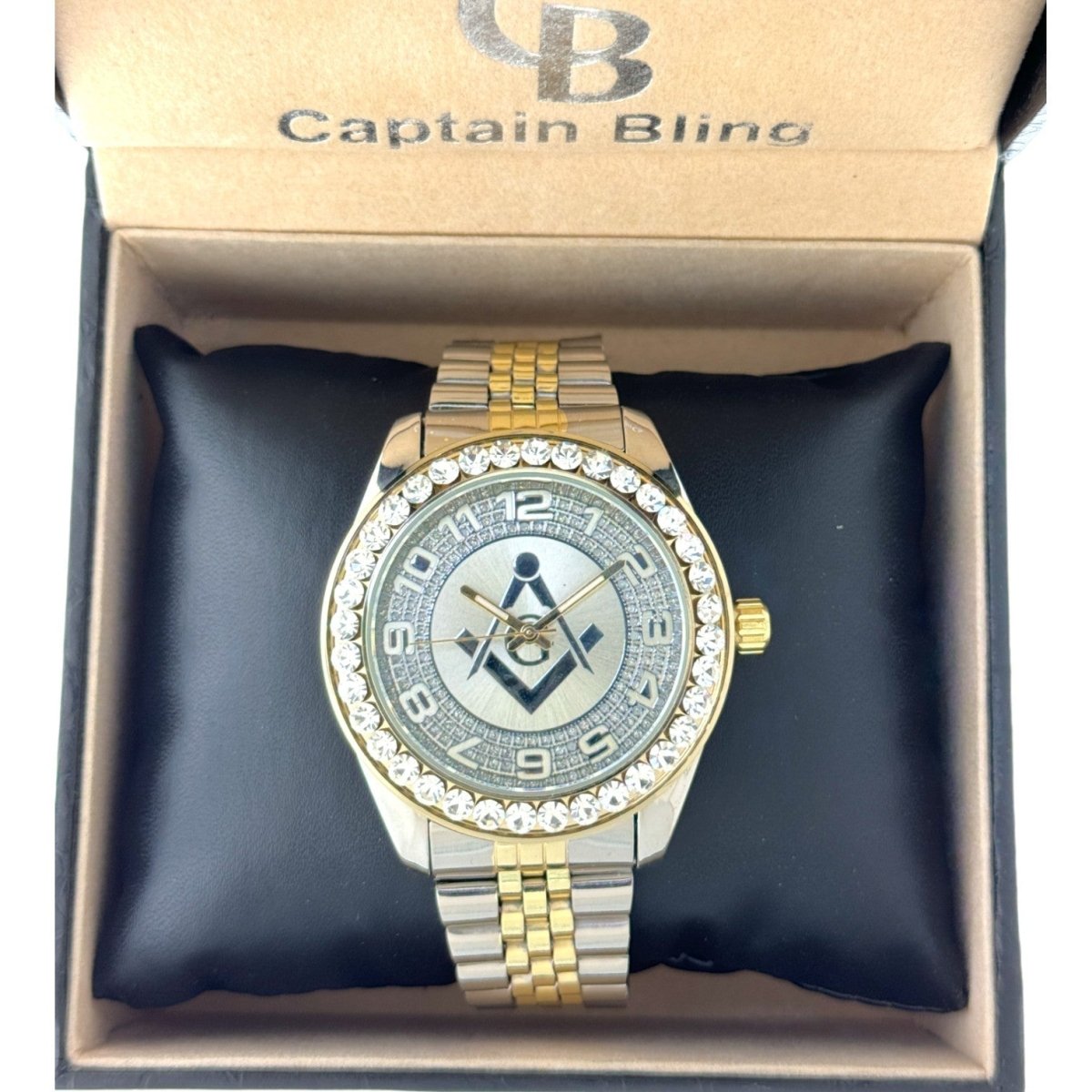 Captain Bling Quartz Masonic Edition: Dual Tone Diamond - Encrusted Numerals.