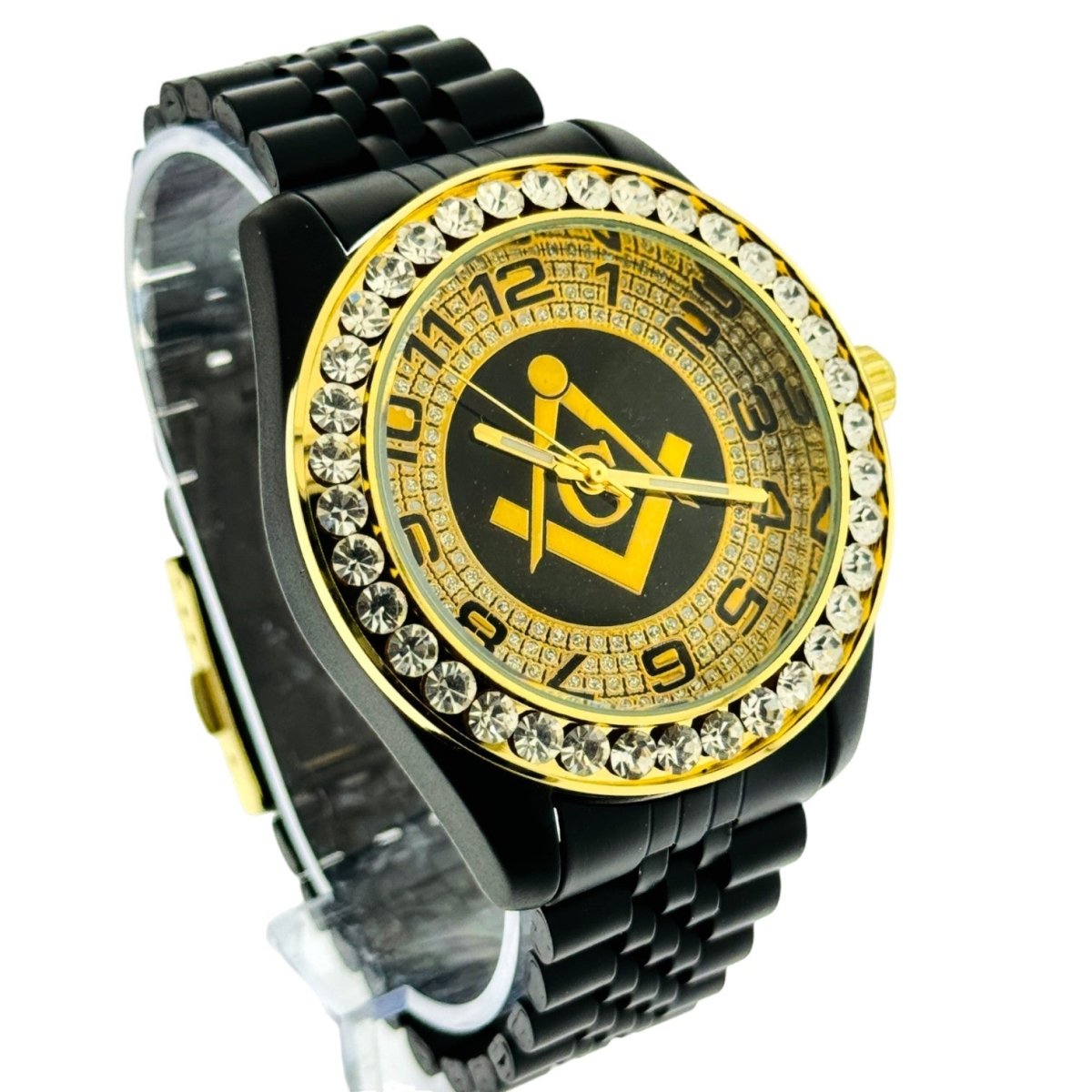 Captain Bling Quartz Masonic Edition:Black Dial with Diamond - Encrusted Numerals.