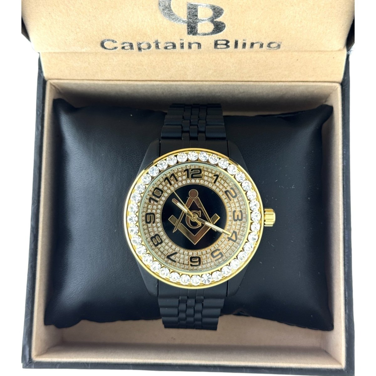 Captain Bling Quartz Masonic Edition:Black Dial with Diamond - Encrusted Numerals.