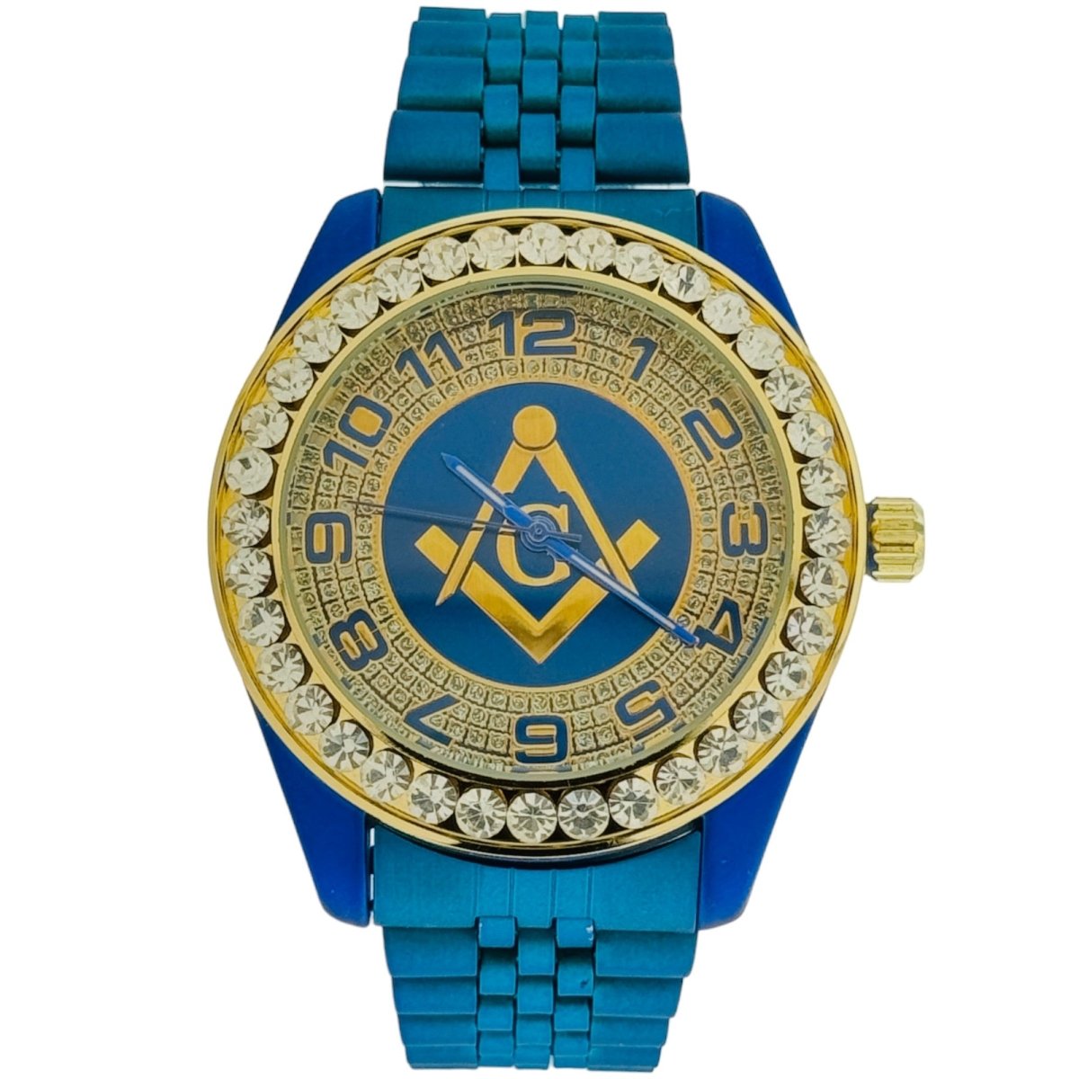 Captain Bling Quartz Masonic Edition:Blue Dial Diamond - Encrusted Numerals.