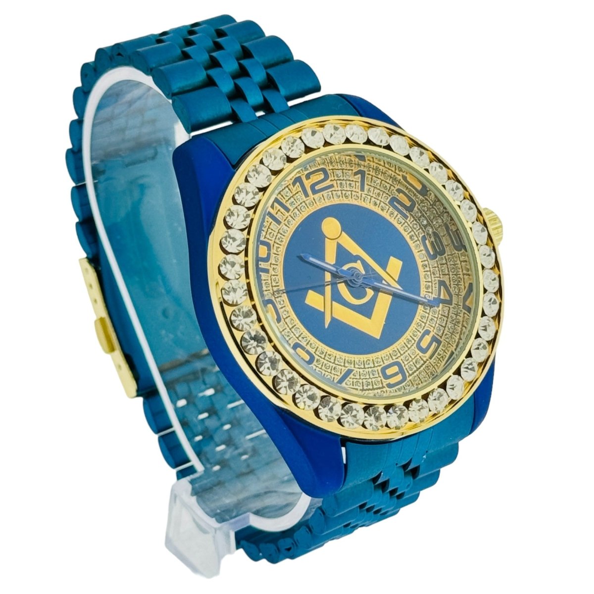 Captain Bling Quartz Masonic Edition:Blue Dial Diamond - Encrusted Numerals.