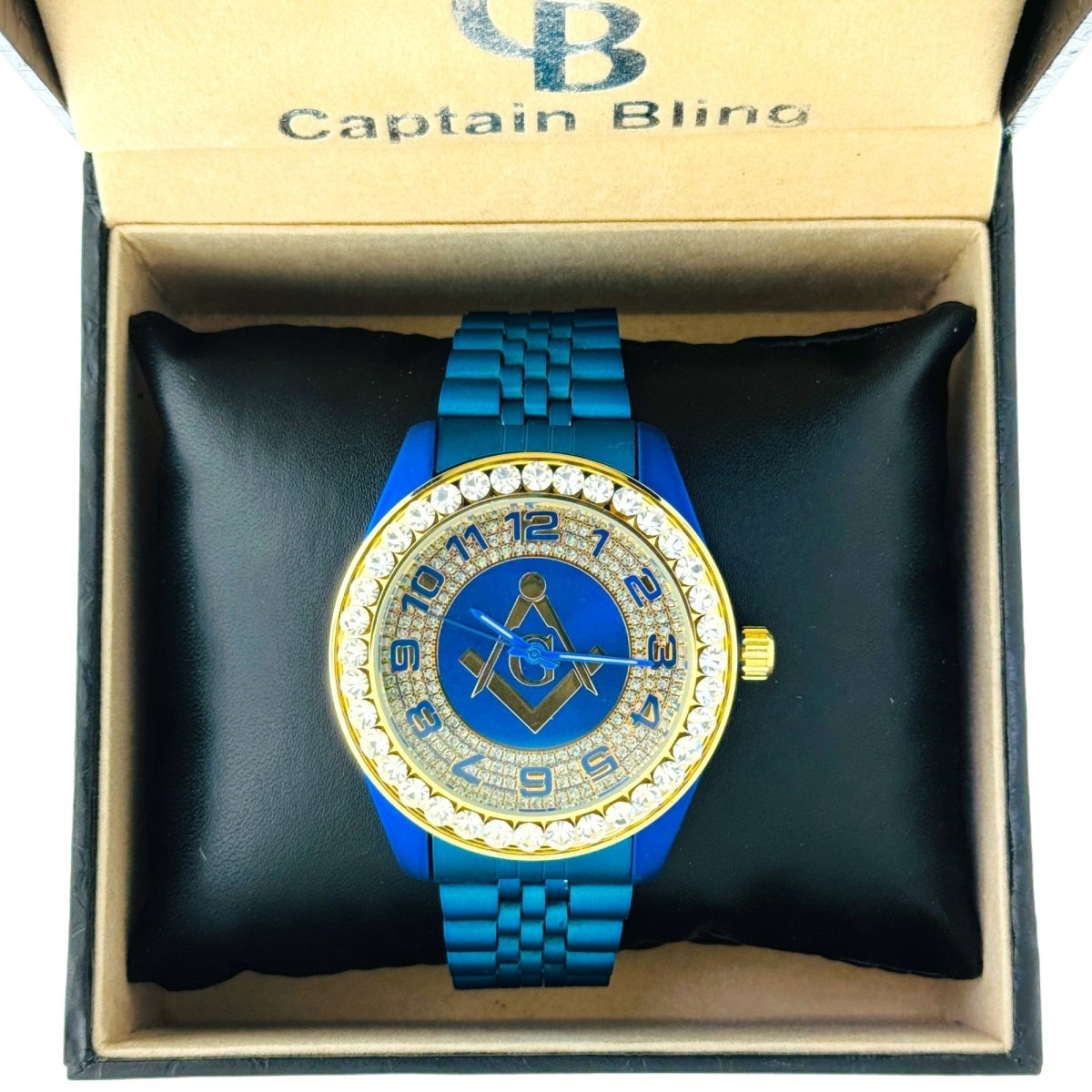 Captain Bling Quartz Masonic Edition:Blue Dial Diamond - Encrusted Numerals.