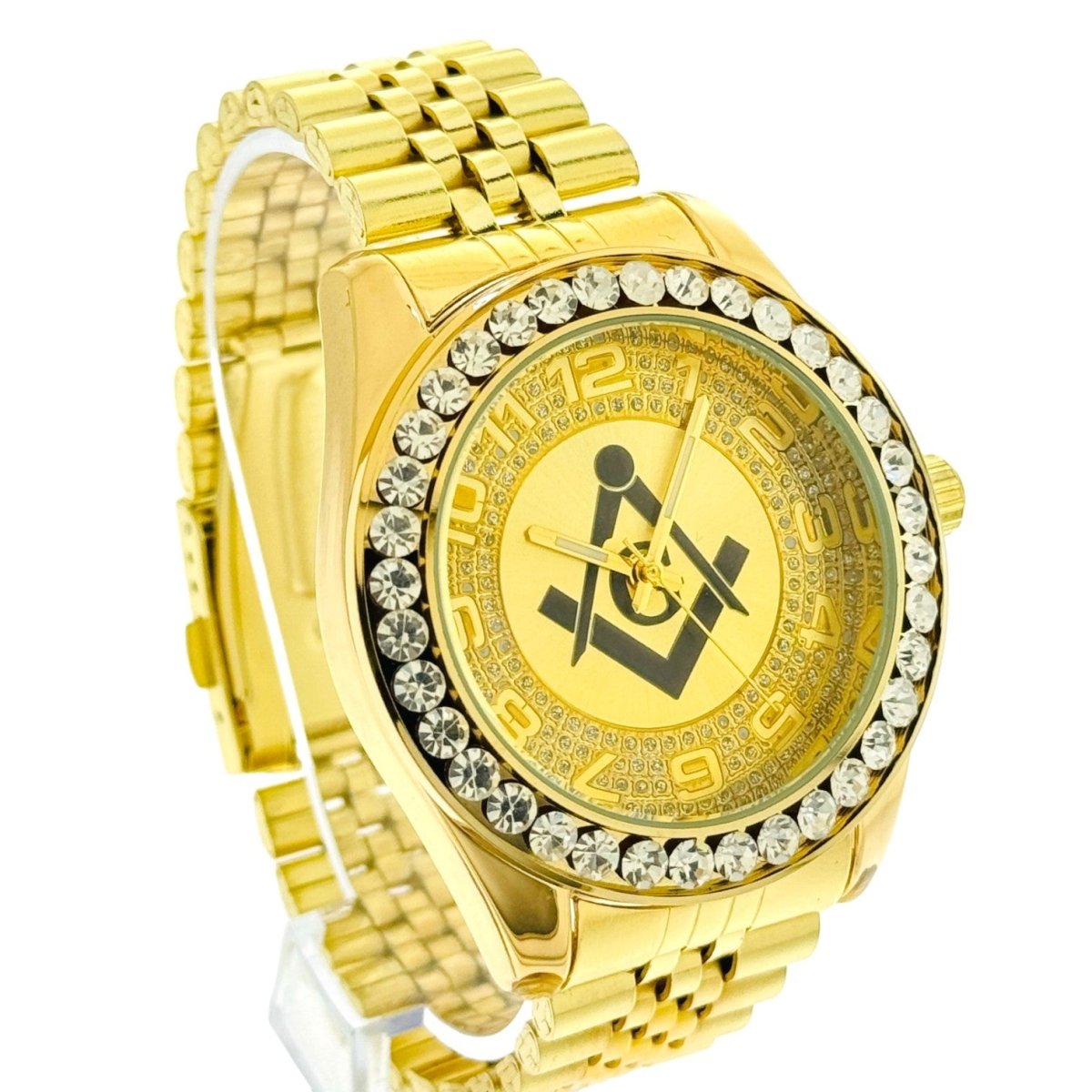 Captain Bling Quartz Masonic Edition:Gold Dial with Diamond - Encrusted Numerals.