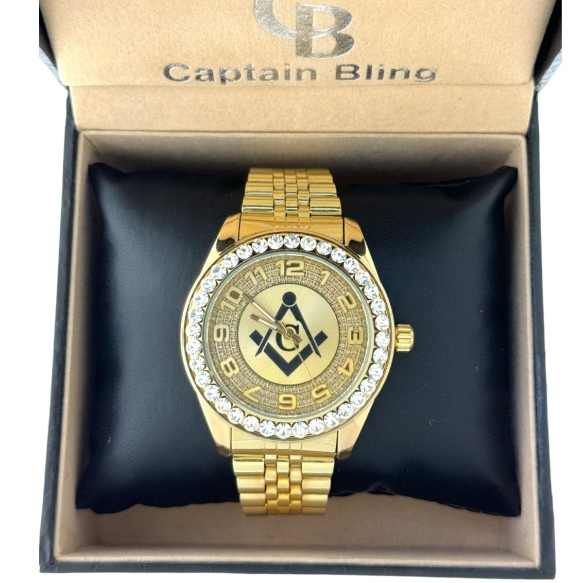 Captain Bling Quartz Masonic Edition:Gold Dial with Diamond - Encrusted Numerals.