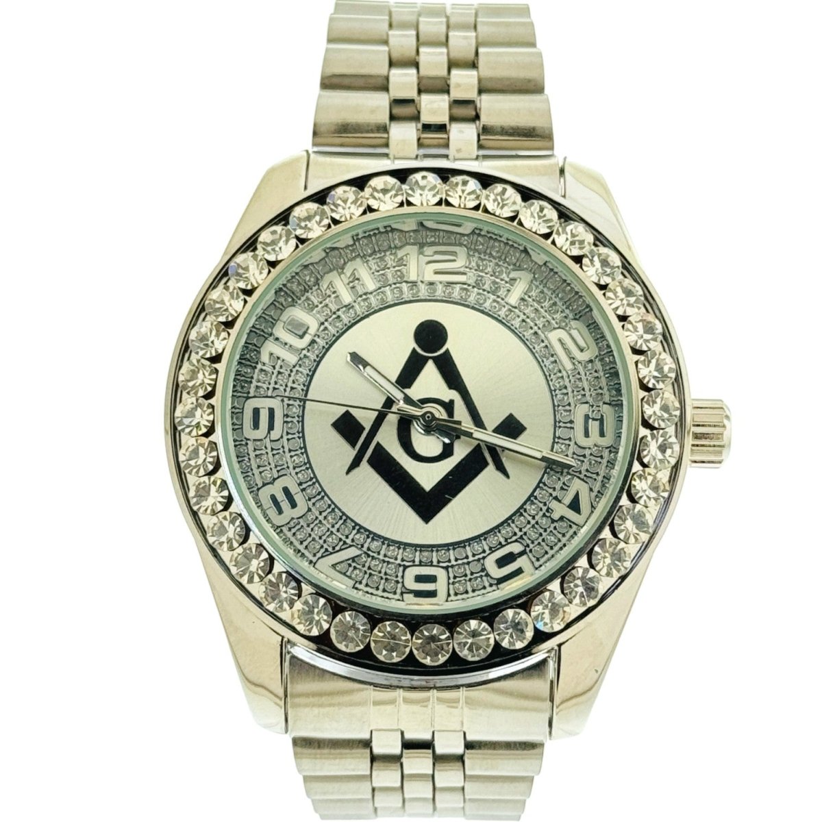 Captain Bling Quartz Masonic Edition:Silver Dial with Diamond - Encrusted Numerals