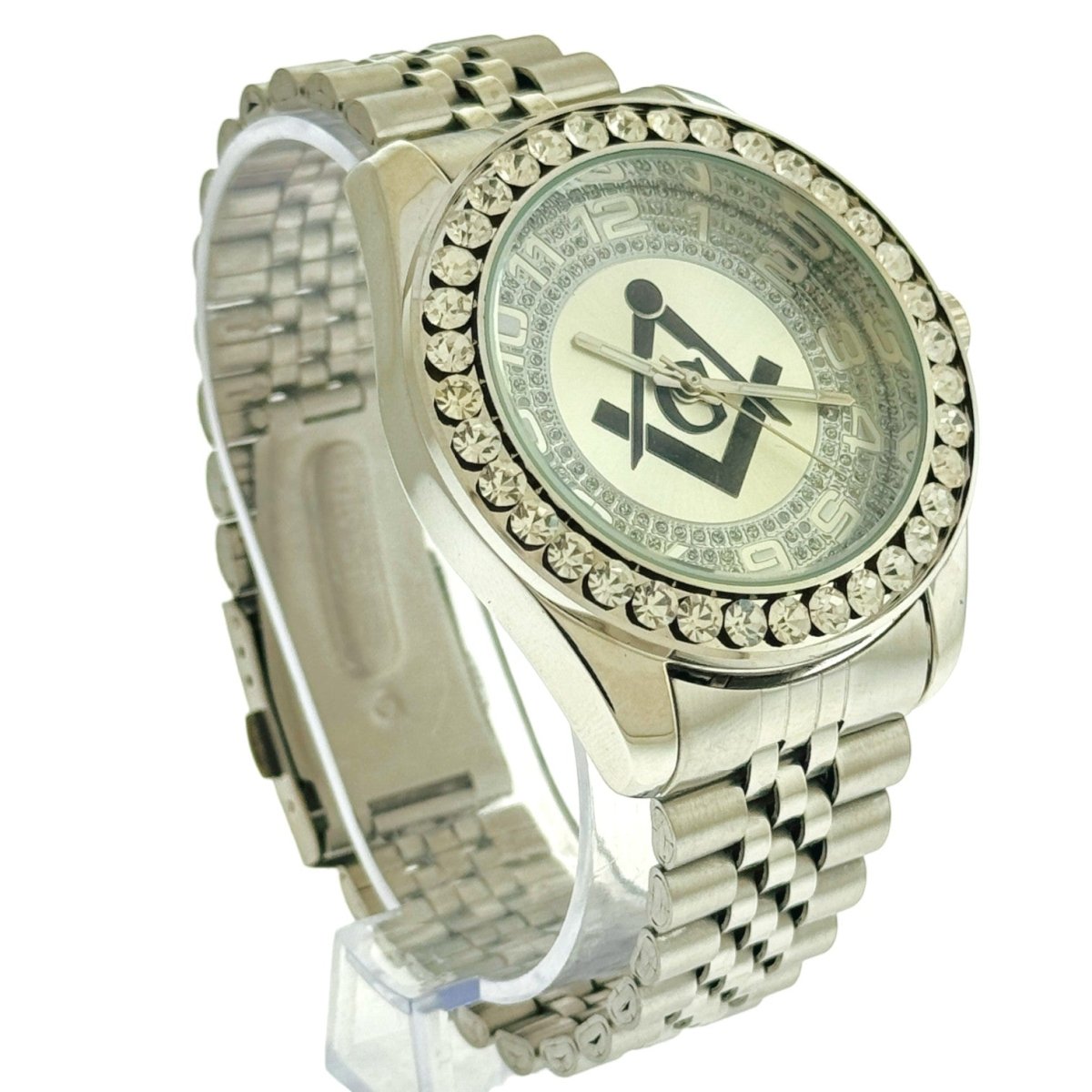 Captain Bling Quartz Masonic Edition:Silver Dial with Diamond - Encrusted Numerals