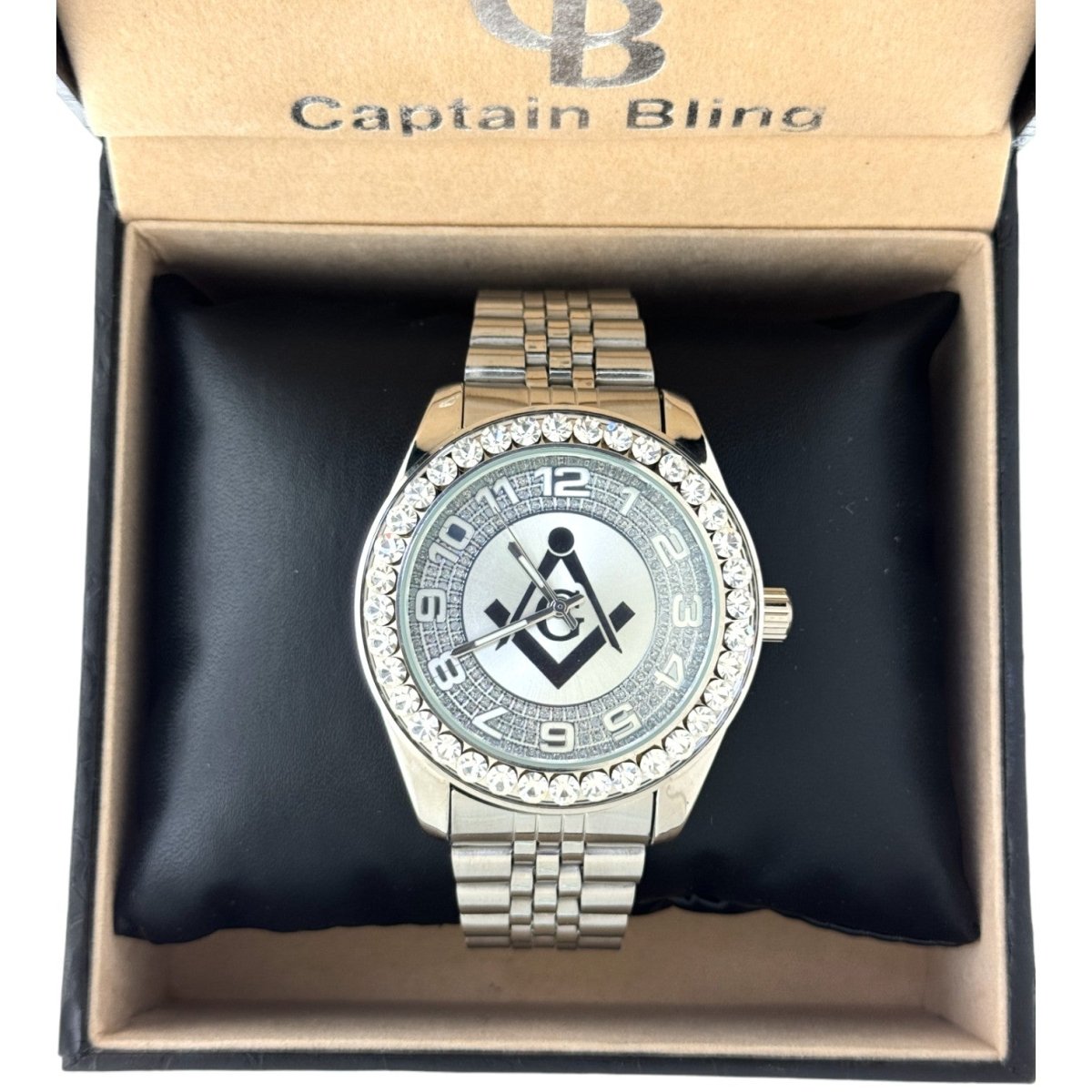 Captain Bling Quartz Masonic Edition:Silver Dial with Diamond - Encrusted Numerals