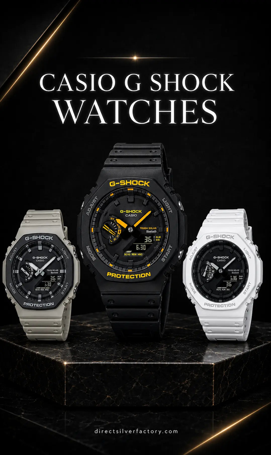 Three Casio G-Shock watches on a black background with 'Casio G-Shock Watches' text.