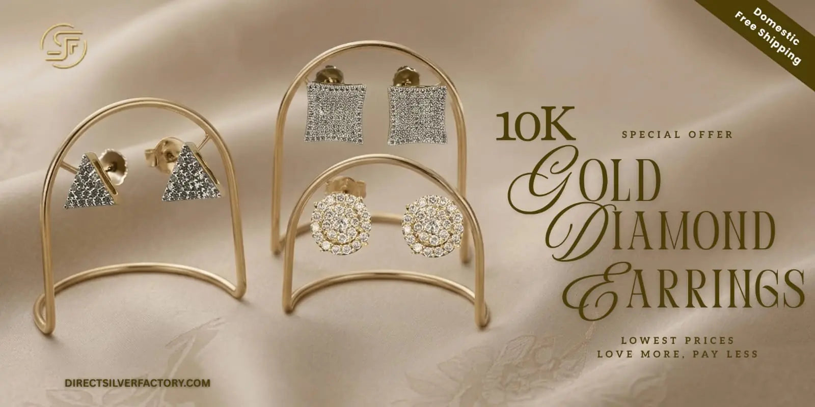 irect Silver Factory 10k yellow gold diamond micro pave stud earrings set in minimalist holders. Features three geometric shapes: square, round cluster, and triangle studs. Affordable diamond earrings online USA.