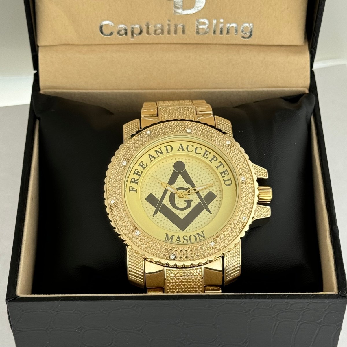 Free and Accepted Masonic Iced Out Gold Stainless Steel Watch