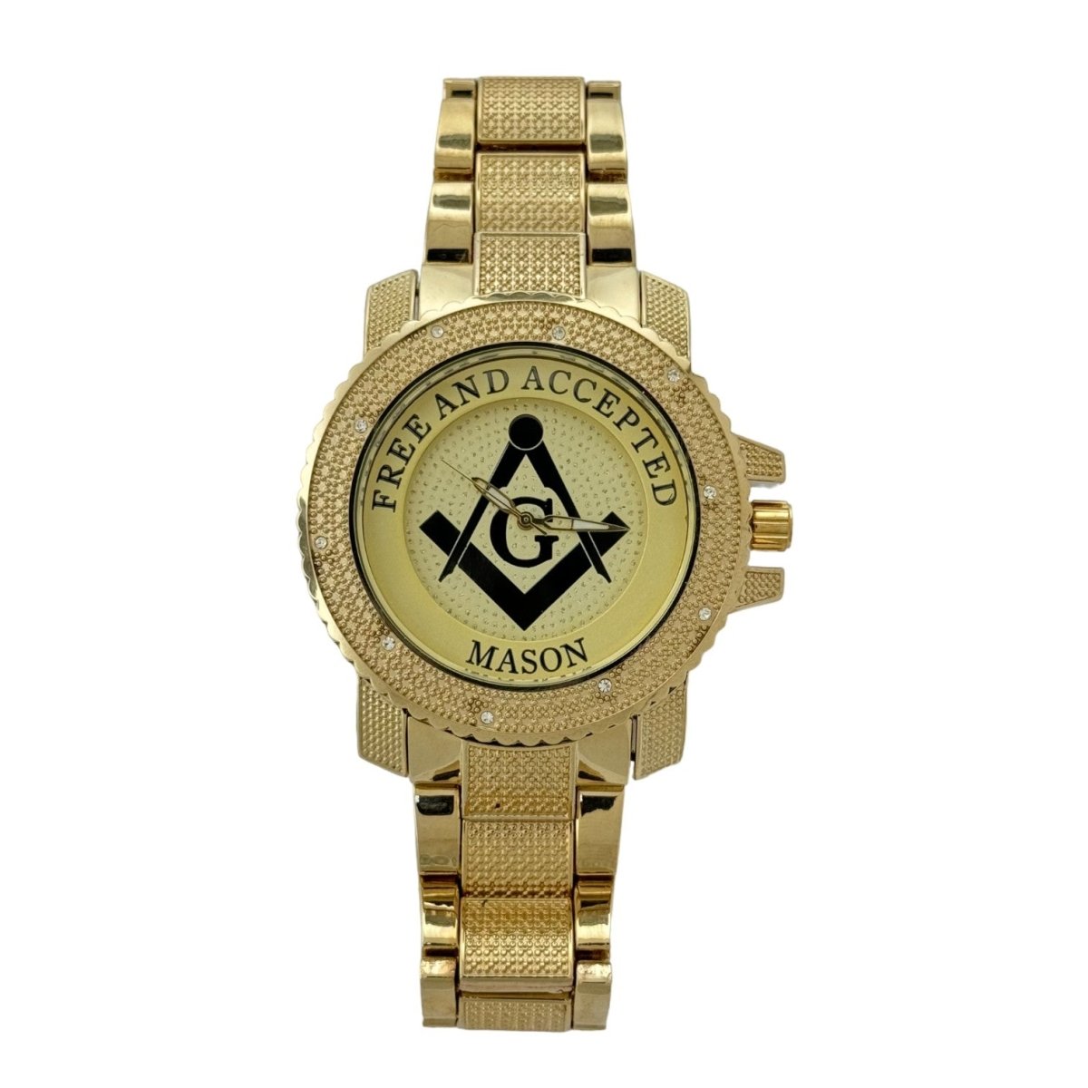 Free and Accepted Masonic Iced Out Gold Stainless Steel Watch